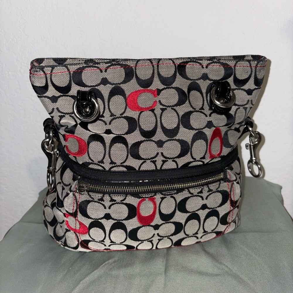 Coach (PROJECT BAG) Canvas Shoulder Bag in Black, Red & grayish color